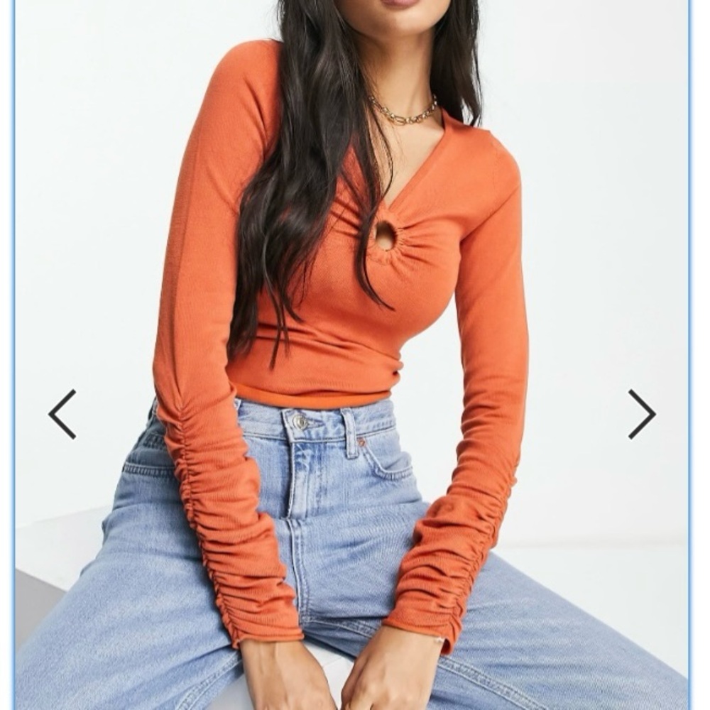 Orange V-Neck Ruched Women's Top